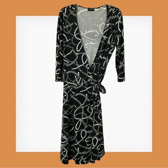 New York& Company Black White Wrap Dress SZ L‎ Women Geometric Career Church - Picture 4 of 7